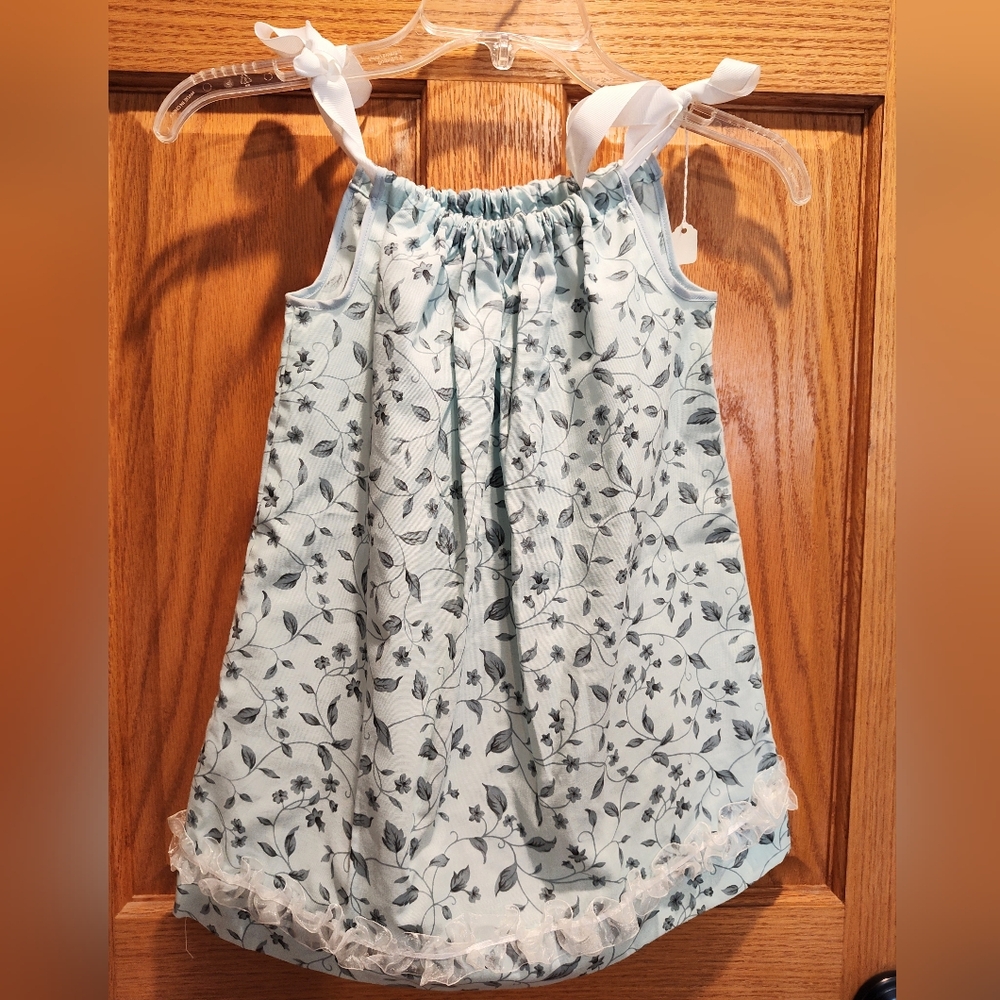 Handmade Toddler Floral Print Pillowcase Dress with Ribbon Straps And Ruffle